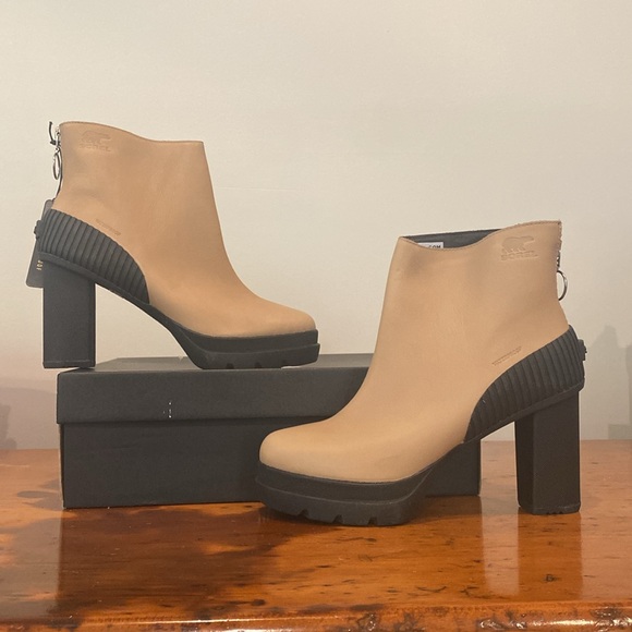 Sorel Dacie waterproof leather zip up tan black size 9.5 heeled NWT NIB - Picture 2 of 16